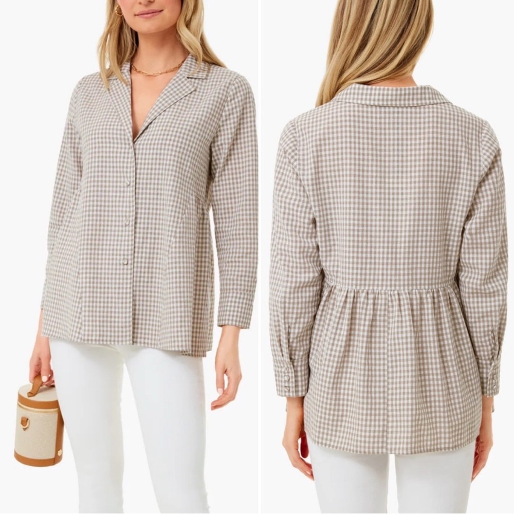 Tuckernuck Pomander Place Beige Gingham Buttondown Peplum Blouse
